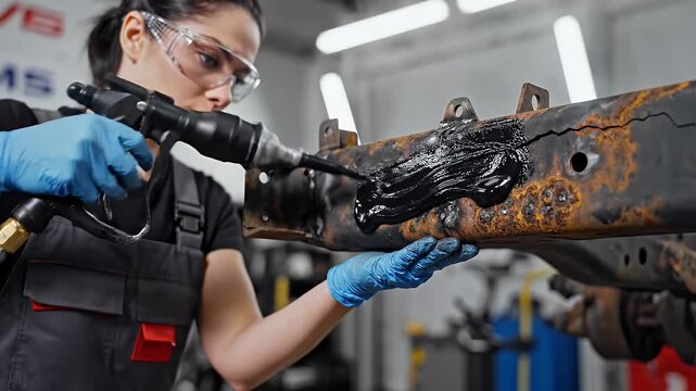 Applying Rust Sealant on Automotive Part - A technician wearing gloves uses a tool to apply rust sealant on a rusted automotive component, filling cracks and preventing moisture damage.