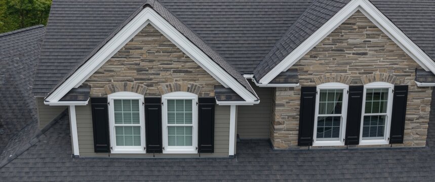 Bird's-eye view of complex facade showcasing stone veneer, gable with jerkin head pitched roof, gray horizontal vinyl siding, dark shutters, and white frame double sash windows in a single-family