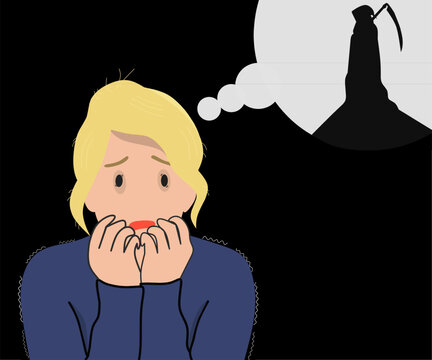 ​Young Woman Experiencing Thanatophobia or Intense Fear of Death vector Illustration