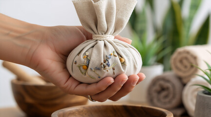 Close-up of hand holding herbal compress ball for spa massage. Natural linen pouch with dried flowers in wellness salon. Aromatherapy treatment concept