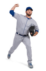 Professional baseball pitcher in gray and blue uniform throwing ball