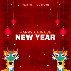 Happy Chinese New Year Background with Cute Dragon Mascot, Lunar New Year Social Media Template with Red Lanterns, Year of the Dragon Celebration Poster with Festive Character, Traditional Red and Gol © Dream Graphics