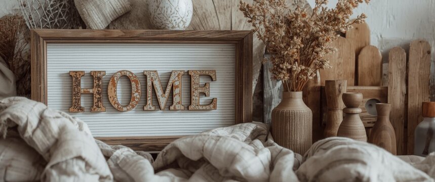 Wooden letter shadow box with 'home' and cozy decor