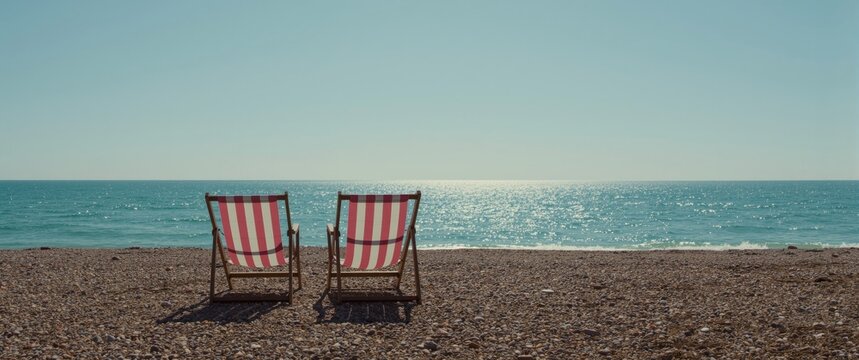 Brighton beach with two deckchairs, seaside, British holiday, vertical shot