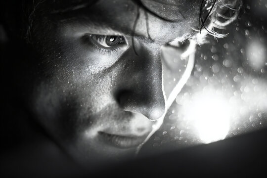 Focused coder in studio lighting with chiaroscuro effect, high contrast and film grain, 85mm prime lens