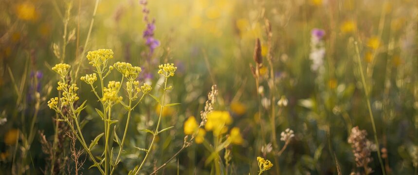 Yellow-flowered Galium verum (Lady's bedstraw) blooming in a meadow