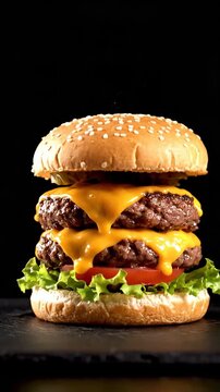 Dramatic Close-up Vertical Shot of Exploding Deluxe Cheeseburger Ingredients Falling and Assembling in Mid-Air Against a Clean Black Background