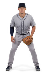 Male athlete in gray baseball uniform standing with a glove looking ready
