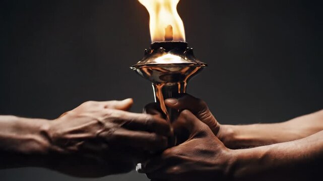 Close-up of two diverse hands, one African American and one lighter-skinned, firmly clasping a burning torch, its warm flame casting a dramatic glow against a deep, dark background, conveying themes