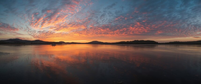 Morning scene with sunrise, clouds reflected from Storm Babet, and distant hills as silhouettes