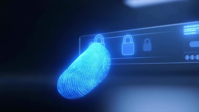 Blue glowing fingerprint scan animation with padlock icons on digital interface, 3D render, security login or authentication process, for website or app UI, Isolated on dark background