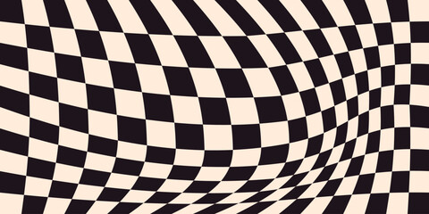 Naklejka premium Checker distorted pattern. Wavy hypnotic checkerboard surface, groovy warped liquid mosaic grid, abstract funky optical illusion background. Vector graphic illustration