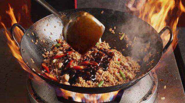 Extreme close-up of professional chef stir-frying Nasi Goreng or Asian fried rice in a large wok over intense, roaring fire, showcasing the "Wok Hei" 