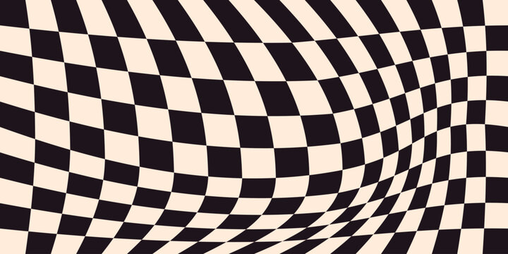 Checker distorted pattern. Wavy hypnotic checkerboard surface, groovy warped liquid mosaic grid, abstract funky optical illusion background. Vector graphic illustration