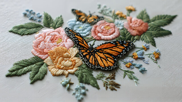 butterfly on a flower embriodery desgn, ai generated.