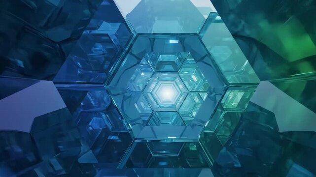 Abstract tunnel of blue and green hexagonal glass shapes