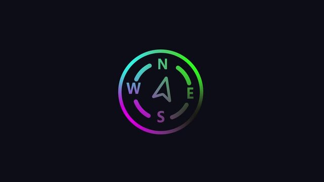 Neon gradient compass icon with NSEW directions on a dark background Keywords: compass, navigation, direction, north, south, east, west, symbol, icon, travel, exploration, journey, guidance