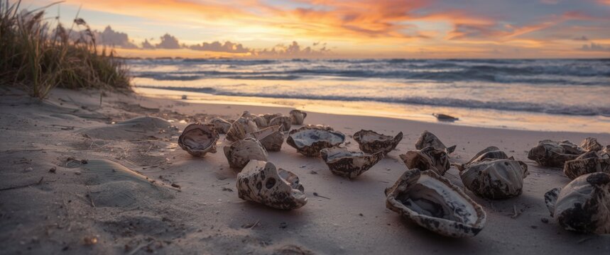 Oyster shells collected from the sea during sunset