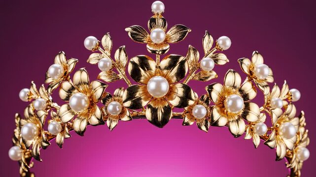 Seamless loop of a luxurious floral gold tiara with glistening pearls centered against a soft, subtly pulsing magenta gradient background perfect for design high quality, elegant, presentation element