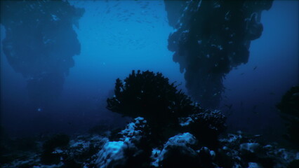 Dark reef pillars silhouetted against twilight blue water, moody seascape with heavy shadows and vertical forms. Atmospheric scene for editorial use depicting © icetray