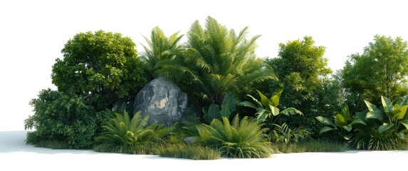 Fototapeta premium Isolated tropical plant including stone, rock, fern, bush, and tree on white background with clipping path