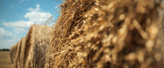 Fototapeta premium Dry grass hay, twisted into dense stacks, prepared for cattle feed on a field under a blue sky
