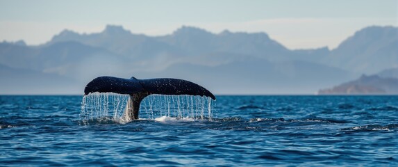 Fototapeta premium Ocean view with a Whale tail in a Bay, water dripping from the tail