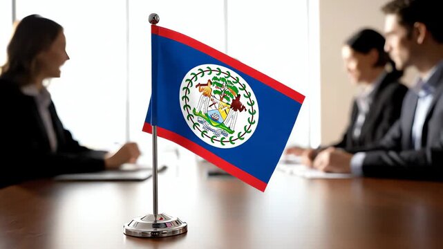 Belize Flag on Conference Table with Business Meeting in Background
