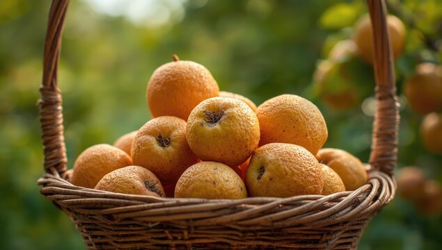 Mespilus Germanica fruits arranged in a basket, highlighting natural harvest and ripening process