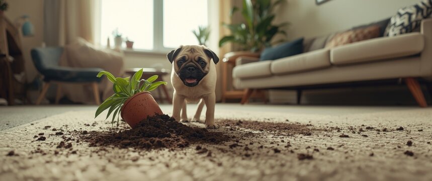 Funny Pet Scene: Pug Overturns Flower Pot, Consumes Dirt, Creates Mess Throughout Apartment