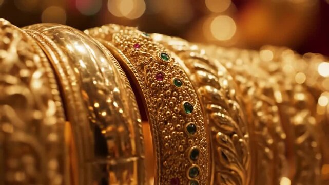 Closeup of ornate gold bangles with intricate designs