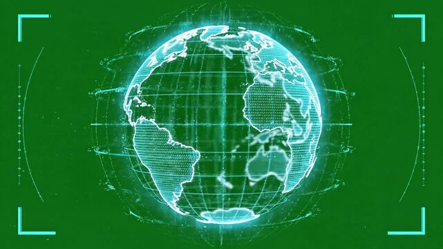A futuristic video visualization of the Earth with a glowing blue grid pattern on a green background in a digital video representation