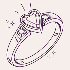 Minimalist line art illustration of a heart shaped diamond ring