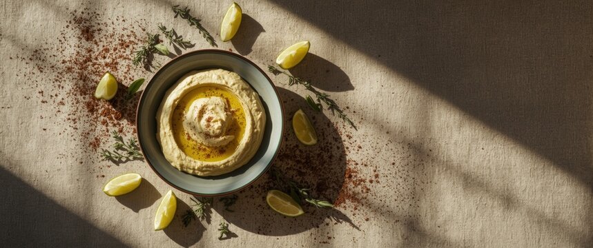 Homemade Lebanese Hummus featuring mashed chickpeas, lime, spices, olive oil, and herbs &acirc;&euro;&ldquo; Healthy snack, top view, blank space