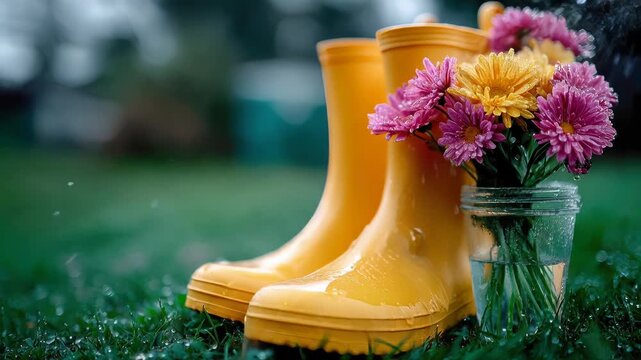 Yellow rain boots beside a glass jar of fresh flowers on wet grass after rain, soft bokeh garden background