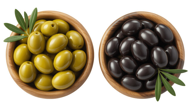 Two separate wooden bowls filled with an abundance of vibrant green and rich black olives with leaves, isolated on transparent background