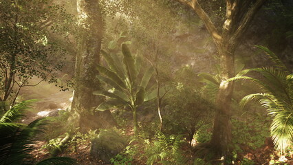 Dense rainforest clearing with layered foliage and dramatic beams, vibrant green scene full of life, ideal for adventure, conservation and biodiversity © icetray