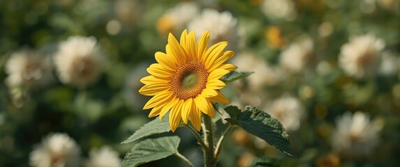 Obraz premium A colorful sunflower featuring a large, circular center and glowing yellow petals stands out against green foliage, capturing a summer garden scene