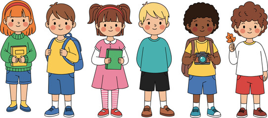 Cute children cartoon illustration, diverse kids standing together, school friends characters, happy childhood education concept, colorful flat vector isolated white