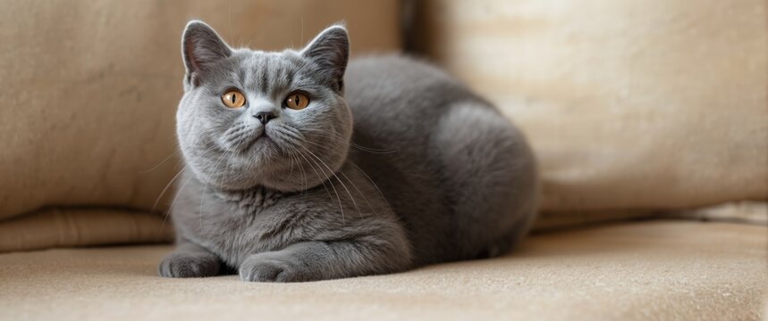 British Shorthair kitten at 9 months old lying on sofa