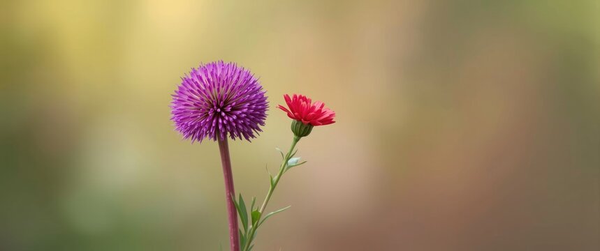 Gomphrena globosa, also known as globe amaranth, with striking purple coloration alongside a small bright red flower