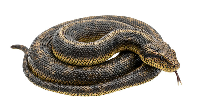 Black and gold colored snake with its tongue open on black background.