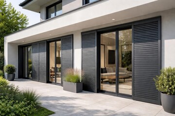 Home windows equipped with elegant sliding shutters in modern style