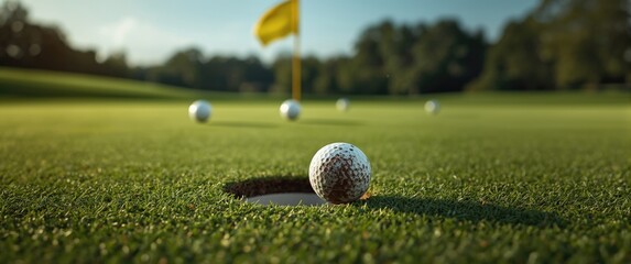 Naklejka premium Dirty golf ball near the hole on putting green with two farther balls in view