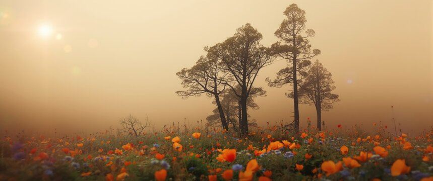 Forest fire in Gran Canaria, Canary Islands, Spain with pine trees, poppies, and opium poppies