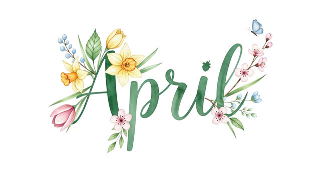 The word april is surrounded by flowers and leaves on black background.