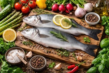 Fresh seabass fish alongside fresh vegetables and cooking seasonings