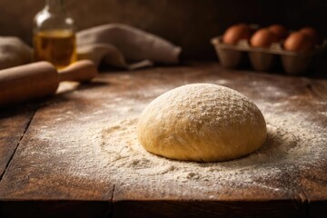 Fototapeta premium Raw dough for pasta resting on flour-spread board with clear copy space
