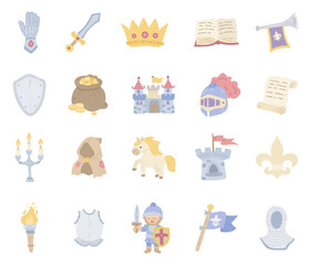 Middle ages set in scandinavian style featuring knight armor sword shield castle crown scroll banner torch horse helmet book flag