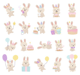 Rabbit birthday set in scandinavian style featuring cheerful characters celebrating party moments balloons cakes gifts invitations cards decorations holiday
